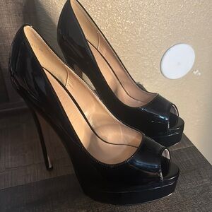 Sleek Black Patent Leather Peep-Toe Heels